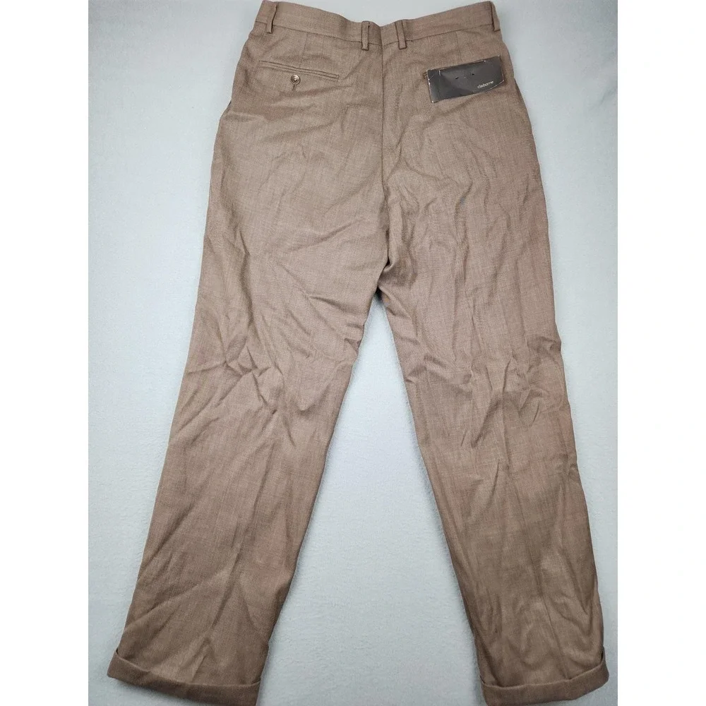 Claiborne Dress Pants Mens 34x32 Brown Check S-Essentials Pleated Cuffed Hem NWT
